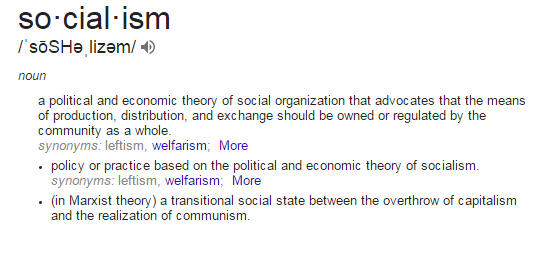 Definition of Socialism: a political and economic theory of social organization that advocates that the means of production, distribution, and exchange should be owned or regulated by the community as a whole